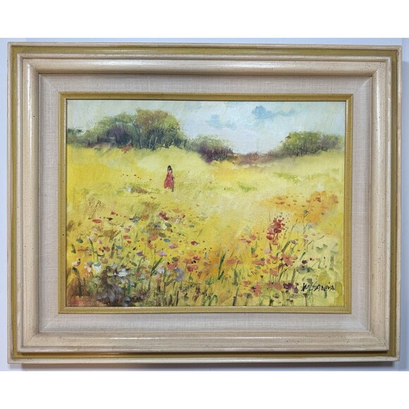 Girl In A Wildflower Field Oil Painting Framed Impressionist Art Cottage Core - Picture 1 of 10